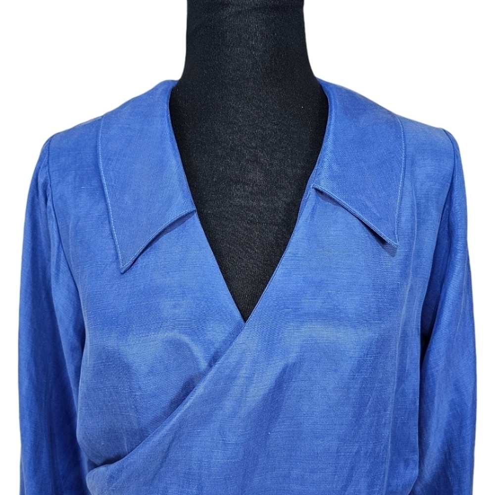 R.G. Kane Linen Blend V-Neck Wrap Front Blouse Balloon Sleeve Blue Size Large - Picture 8 of 13